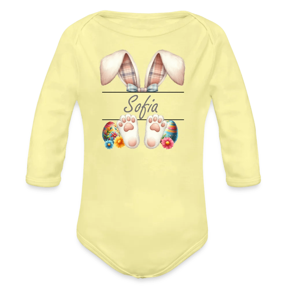 happy-prints.eu - Personalisierter Baby Bio-Langarm-Body für Ostern - Frohe Ostern Body mit Osterhasen Ohren, Ostereier und Name - niedlicher Print für Mädchen - Name, Motiv und Produkt sind leicht änderbar - in vielen Farben und Größen bis Größe 80 bzw. 12 Monate