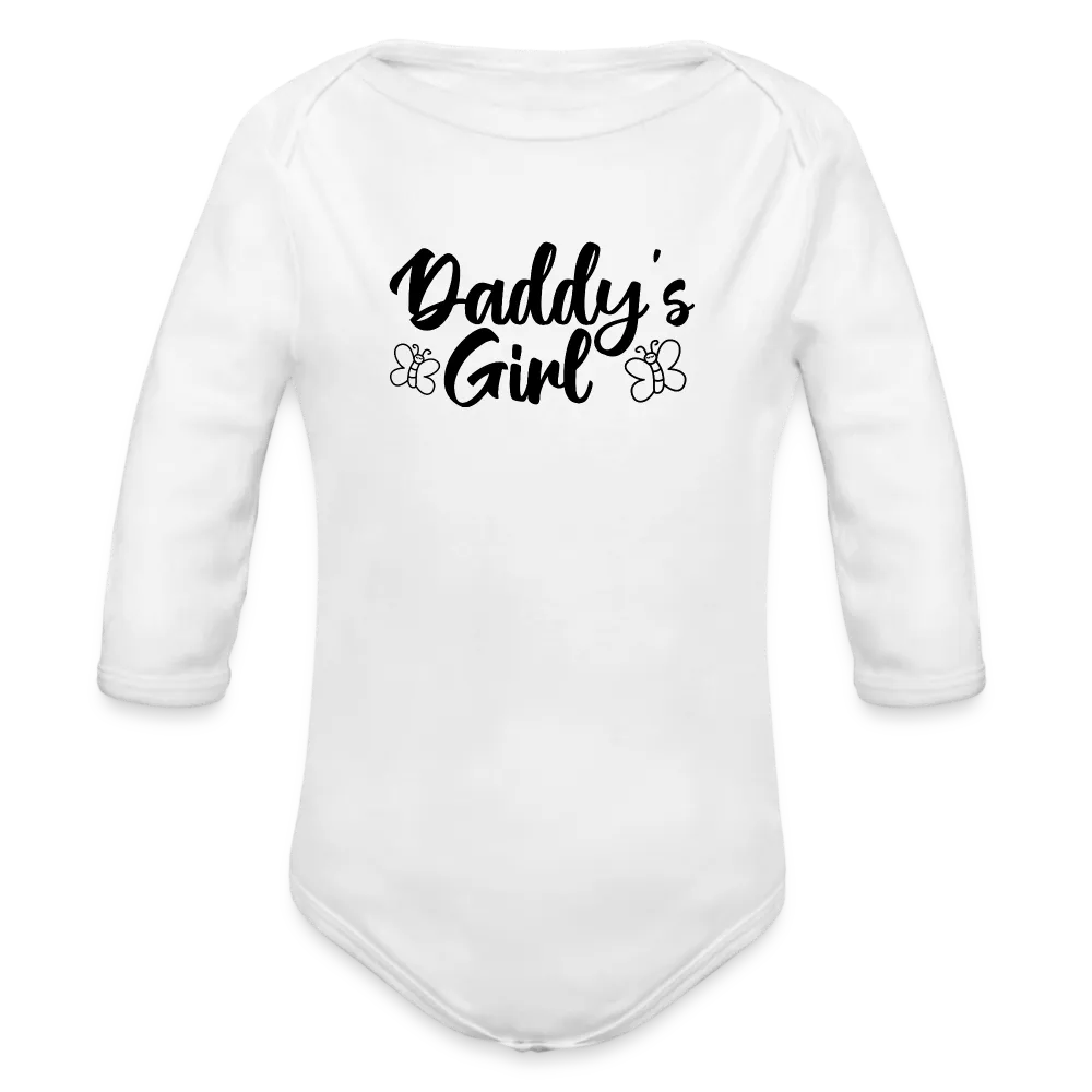 Personalisierter Mädchen Baby Bio-Langarm-Body mit Spruch "Daddys Girl" - 100% Bio Baumwolle - bis Größe 80 bzw. 12 Monate - in vielen Farben und Größen - Bild, Motiv und Text sind individualisierbar - Weiß