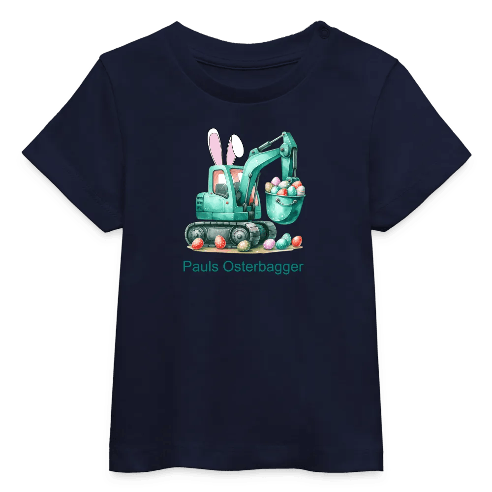 happy-prints.eu - Baby Bio-T-Shirt mit Bagger, Ostereier und Osterhasen Ohren - Jungen Shirt für Ostern bis ca. 3 Jahre - Motiv, Text, Farbe und Produkt einfach änderbar