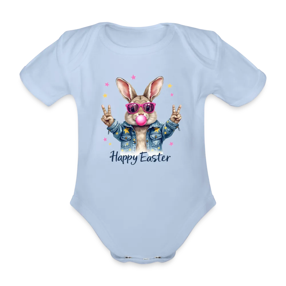 Personalisierter Baby Bio-Kurzarm-Body für Mädchen und Jungen mit Osterhasen, Kaugummi und Sterne sowie "Happy Easter" - Babybody für Ostern - in vielen Farben und Größen - Motiv und Text individualisierbar - Sky