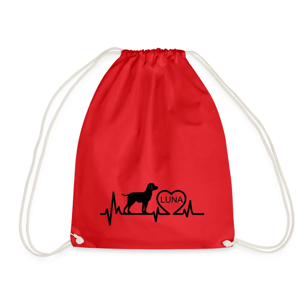 happy-prints.eu - Personalisierter Turnbeutel mit Hund, Herz und Herschschlaglinie - Text, Bild, Motiv und Farbe individualisierbar