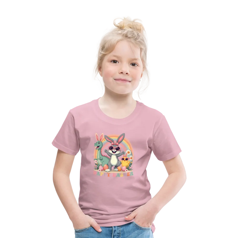 Personalisiertes Retro Frohe Ostern Kinder T-Shirt mit Osterhase Dinosaurier und Küken mit Ostereier und Spruch "Happy Easter" - Motiv, Produkt, Text und eigene Bilder easy anpassbar - viele Farben und Größen (bis Größe 140 bzw. 8 Jahre) -