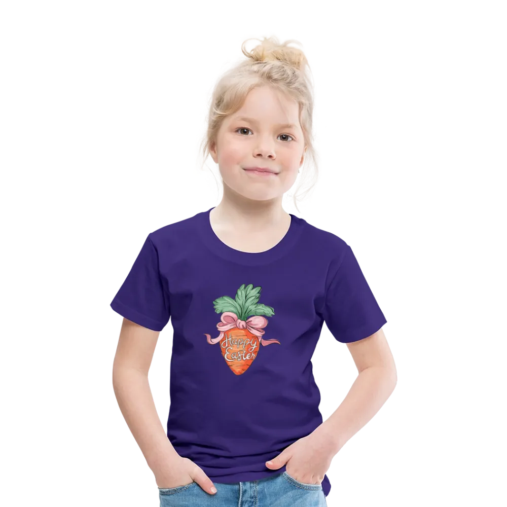 Personalisiertes Frohe Ostern Kinder T-Shirt mit Karotte, Masche und Spruch "Happy Easter" - cooles Mädchen Ostershirt - Motiv, Produkt, Text und eigene Bilder easy anpassbar - in vielen Farben und Größen (bis Größe 140 bzw. 8 Jahre) -