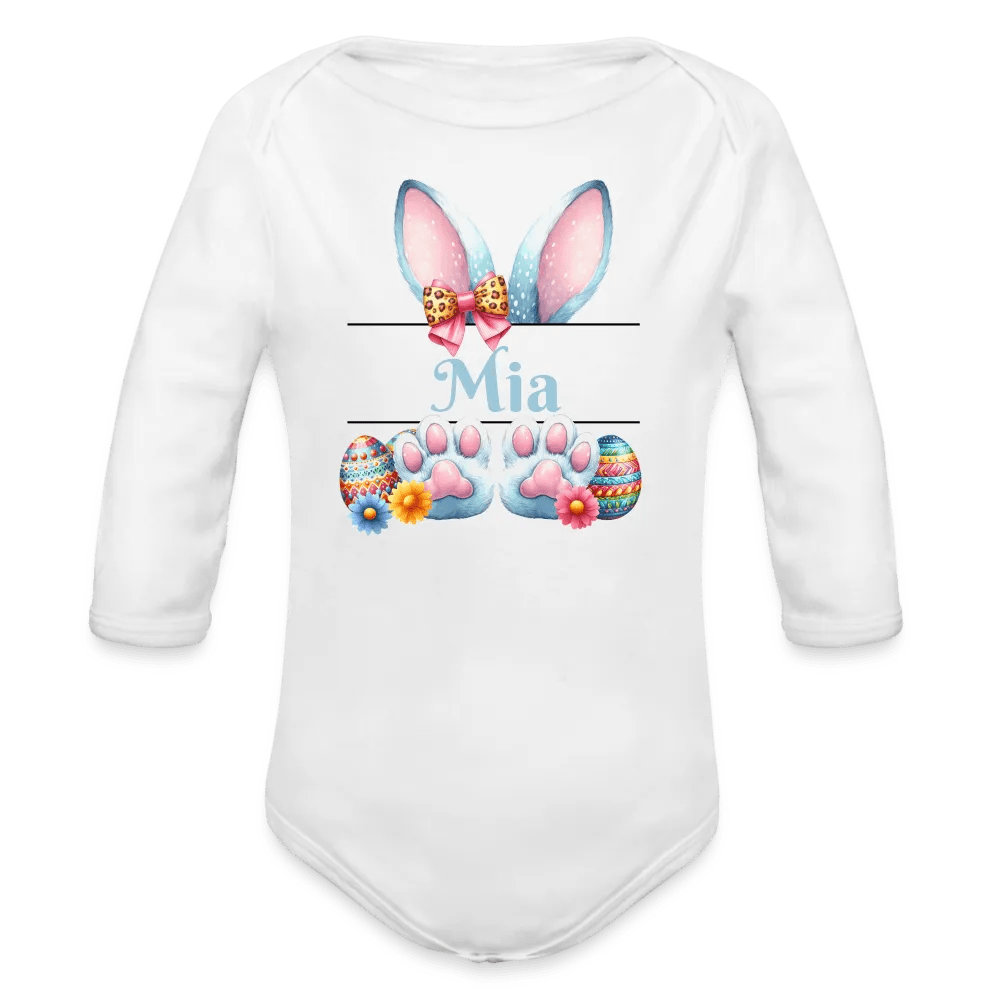 happy-prints.eu - Personalisierter Baby Bio-Langarm-Body für Ostern - Frohe Ostern Body mit Osterhasen Ohren, Ostereier und Name - niedlicher Print für Mädchen - Name, Motiv und Produkt sind leicht änderbar - in vielen Farben und Größen bis Größe 80 bzw. 12 Monate