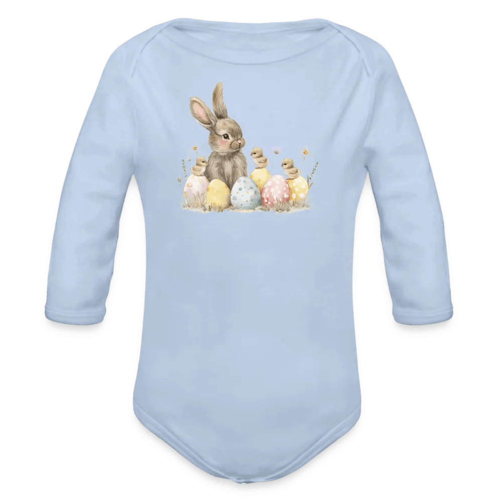 happy-prints.eu - Personalisierter Baby Bio-Langarm-Body für Ostern - Frohe Ostern Body mit Osterhase, Ostereier und Küken - niedlicher Print für Mädchen - Motiv, Produkt, Text und eigenes Foto ist easy änderbar - in vielen Farben und Größen bis Größe 80 bzw. 12 Monate