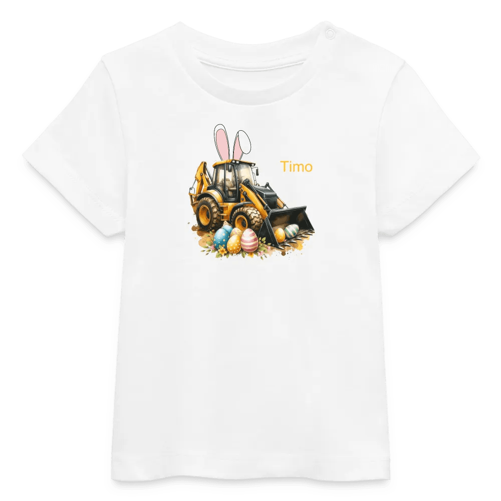 happy-prints.eu - Baby Bio-T-Shirt mit Bagger, Ostereier und Osterhasen Ohren - Jungen Shirt für Ostern - Motiv, Text, Farbe und Produkt einfach änderbar
