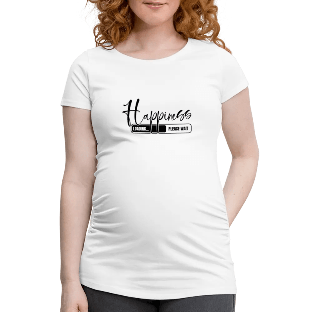 happy-prints.eu - Personalisiertes weißes Schwangerschafts-T-Shirt für Frauen mit Spruch Happiness - Loading - Print Shirts für werdende Mama - Motiv und Text individualisierbar - auch in großen Größen für jede Mutter