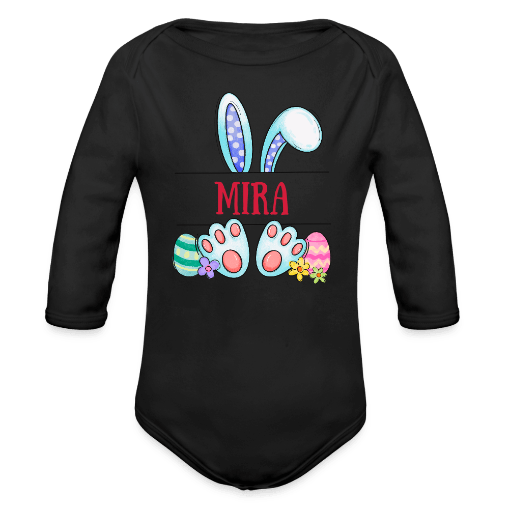 happy-prints.eu - Personalisierter Baby Bio-Langarm-Body für Mädchen - süßer bunter Osterhase Ostereier und Blumen mit Name zum Eintragen