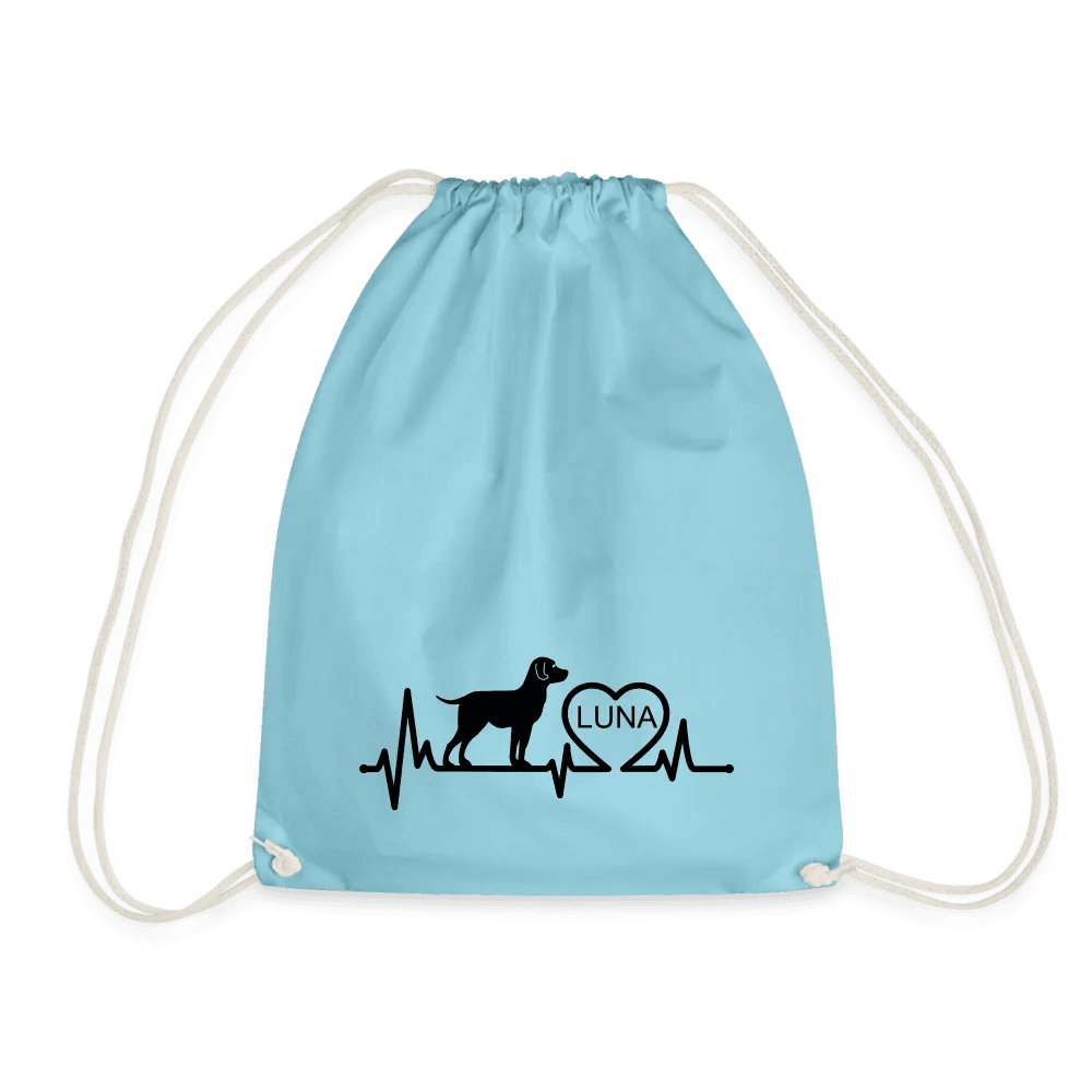 happy-prints.eu - Personalisierter Turnbeutel mit Hund, Herz und Herschschlaglinie - Text, Bild, Motiv und Farbe individualisierbar