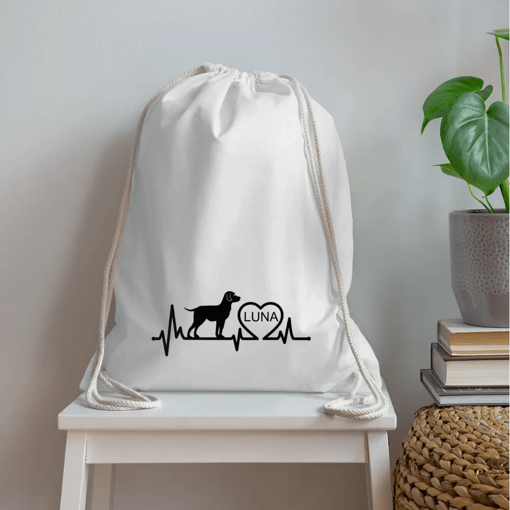happy-prints.eu - Personalisierter Turnbeutel mit Hund, Herz und Herschschlaglinie - Text, Bild, Motiv und Farbe individualisierbar