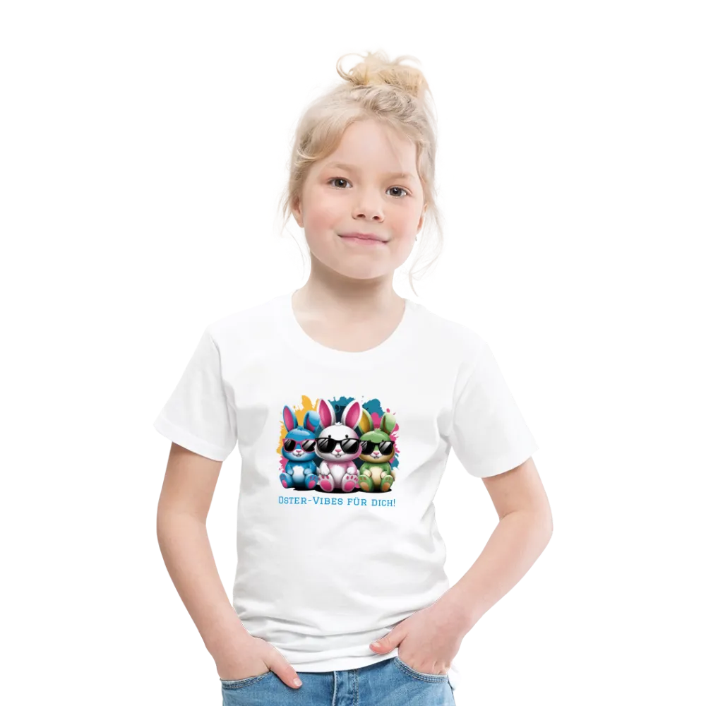 Personalisiertes Frohe Ostern Kinder T-Shirt mit Osterhasen mit Sonnenbrille und Spruch "Oster-Vibes für Dich" - Motiv, Produkt, Text und eigene Bilder easy anpassbar - viele Farben und Größen (bis Größe 140 bzw. 8 Jahre) -