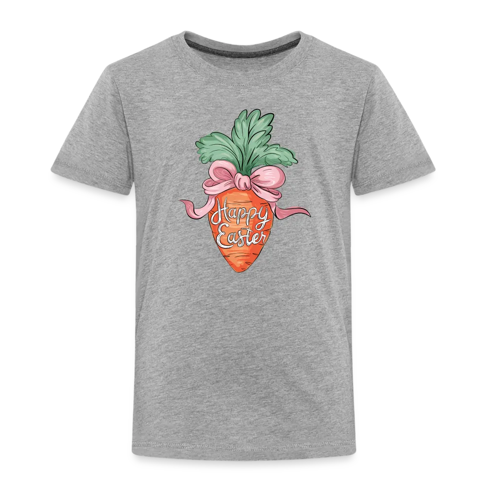 Personalisiertes Frohe Ostern Kinder T-Shirt mit Karotte, Masche und Spruch "Happy Easter" - cooles Mädchen Ostershirt - Motiv, Produkt, Text und eigene Bilder easy anpassbar - in vielen Farben und Größen (bis Größe 140 bzw. 8 Jahre) - Grau meliert