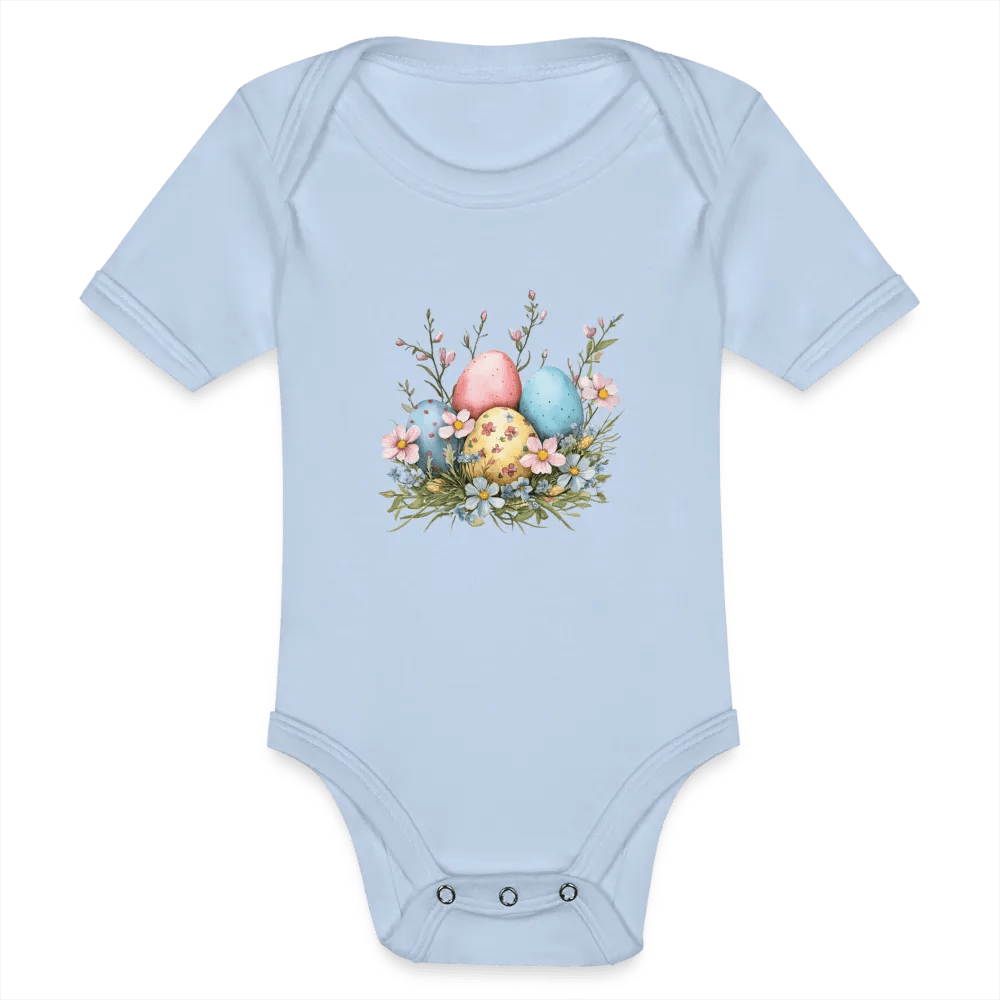 happy-prints.eu - Personalisierter Baby Bio-Kurzarm-Body für Mädchen mit Osternest mit Ostereier und Blumen - Babybody für Ostern - in vielen Farben und Größen - Motiv und Text individualisierbar