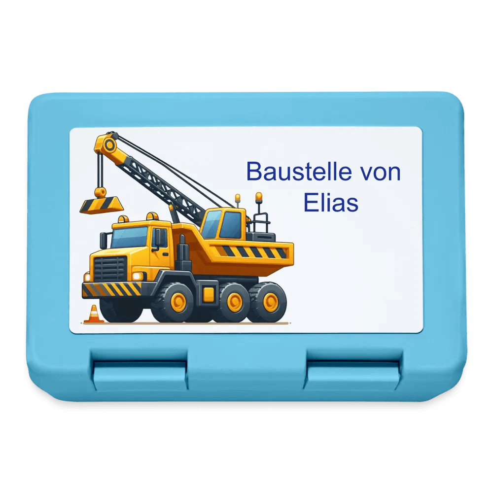 happy-prints.eu - Personalisierte Brotdose in blau mit Baustellenfahrzeuge - Jungen Jausendose - Name und Motiv kann geändert werden