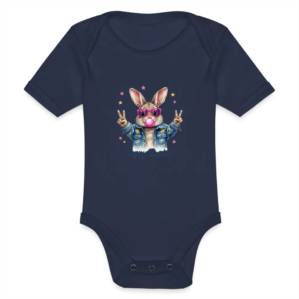 Personalisierter Baby Bio-Kurzarm-Body für Mädchen und Jungen mit Osterhasen, Kaugummi und Sterne sowie "Happy Easter" - Babybody für Ostern - in vielen Farben und Größen - Motiv und Text individualisierbar -