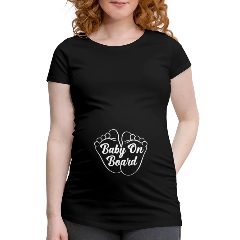 Personalisiertes schwarzes Schwangerschaft T-Shirt für Frauen mit Babyfüßen und lustigem Spruch "Baby on Board" - Print Shirt für werdende Mama in vielen Größen - Motiv und Text änderbar -