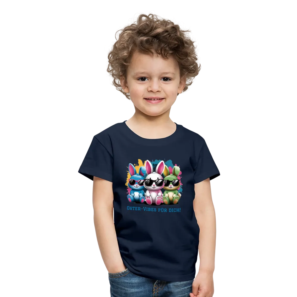 Personalisiertes Frohe Ostern Kinder T-Shirt mit Osterhasen mit Sonnenbrille und Spruch "Oster-Vibes für Dich" - Motiv, Produkt, Text und eigene Bilder easy anpassbar - viele Farben und Größen (bis Größe 140 bzw. 8 Jahre) -