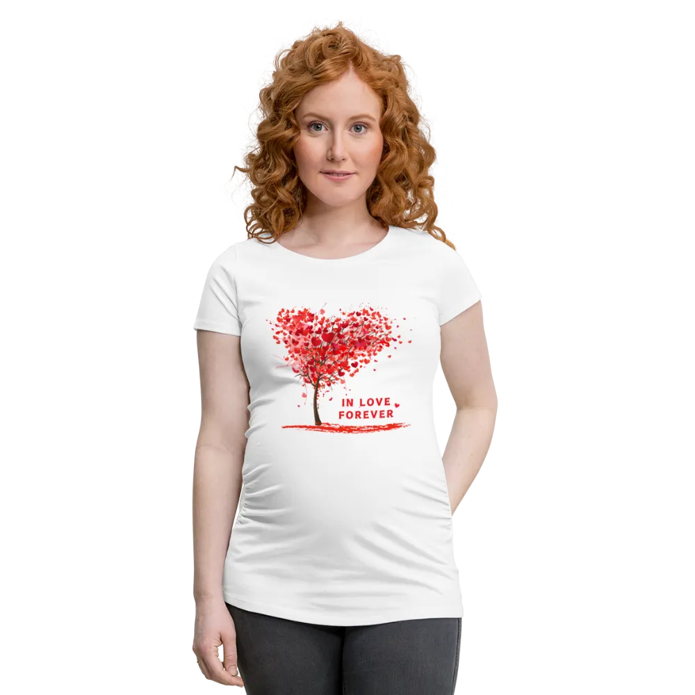 Personalisiertes weißes Schwangerschafts-T-Shirt mit roten Herz Baum und Spruch "In Love Forever" - Print Motiv und Text änderbar - Damen Shirt zum Valentinstag - auch in großen Größen -