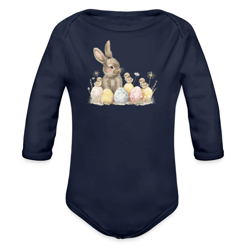 happy-prints.eu - Personalisierter Baby Bio-Langarm-Body für Ostern - Frohe Ostern Body mit Osterhase, Ostereier und Küken - niedlicher Print für Mädchen - Motiv, Produkt, Text und eigenes Foto ist easy änderbar - in vielen Farben und Größen bis Größe 80 bzw. 12 Monate