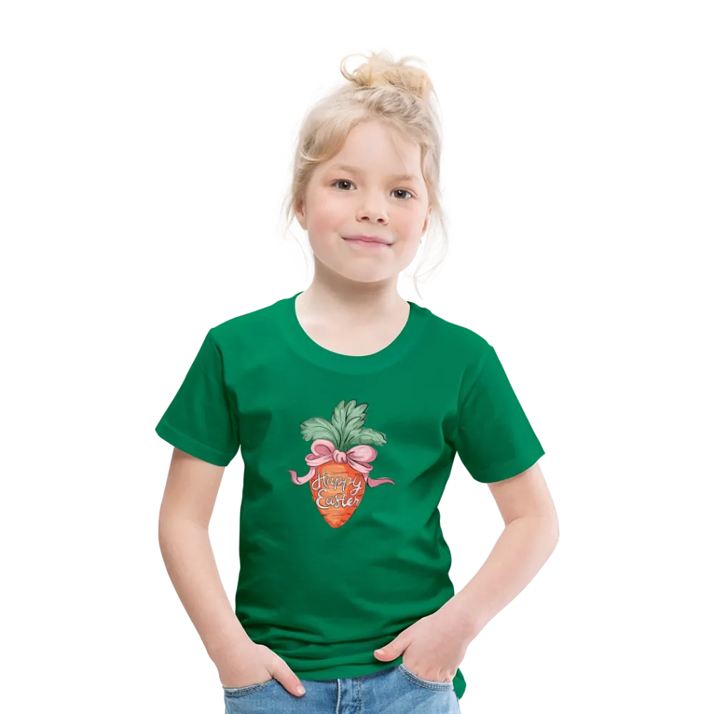 Personalisiertes Frohe Ostern Kinder T-Shirt mit Karotte, Masche und Spruch "Happy Easter" - cooles Mädchen Ostershirt - Motiv, Produkt, Text und eigene Bilder easy anpassbar - in vielen Farben und Größen (bis Größe 140 bzw. 8 Jahre) -