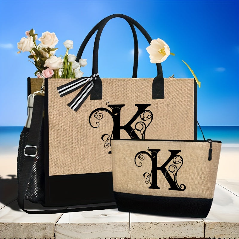 2-teiliges Set: Große und kleine personalisierte Monogramm Tragetasche mit Buchstaben von A bis Z in schönem Design - Aufdruck in Schwarz - leichte Einkaufstasche aus Stoff mit schwarzen Griffen - mit Reißverschluss