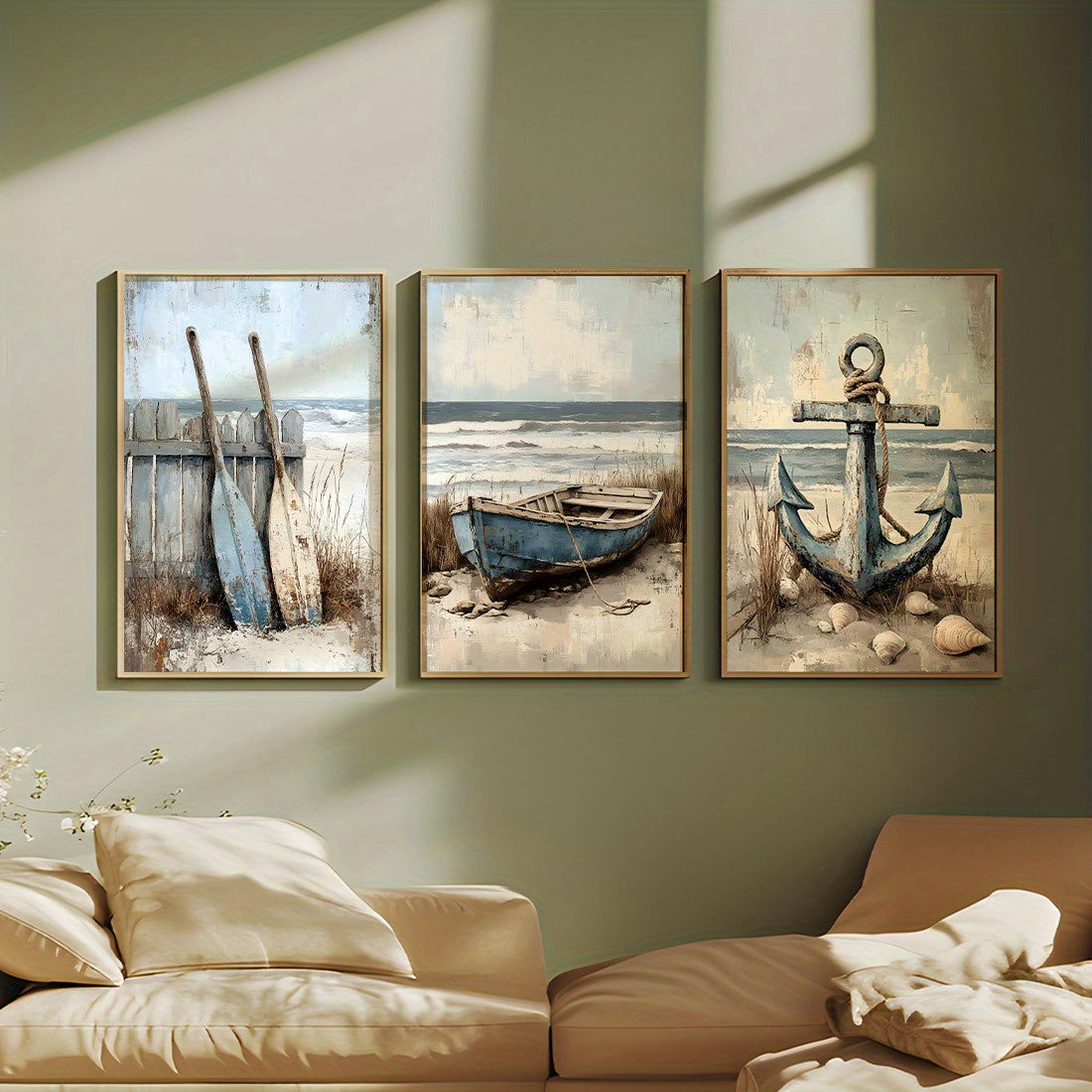 Maritimes 3er-Set mit sommerliche Leinwanddrucke – stilvolle Poster mit Boot, Ruder und Anker vor dem Meer - ohne Rahmen in vier Größen