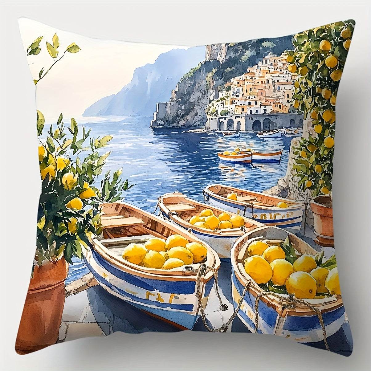 happy-prints.eu - 4er-Set Sofakissenbezug mit Zitronen, italienischem Flair und Meer - aus Polyester und mit Reißverschluss - perfekt für den Sommer - tolles blau und gelb