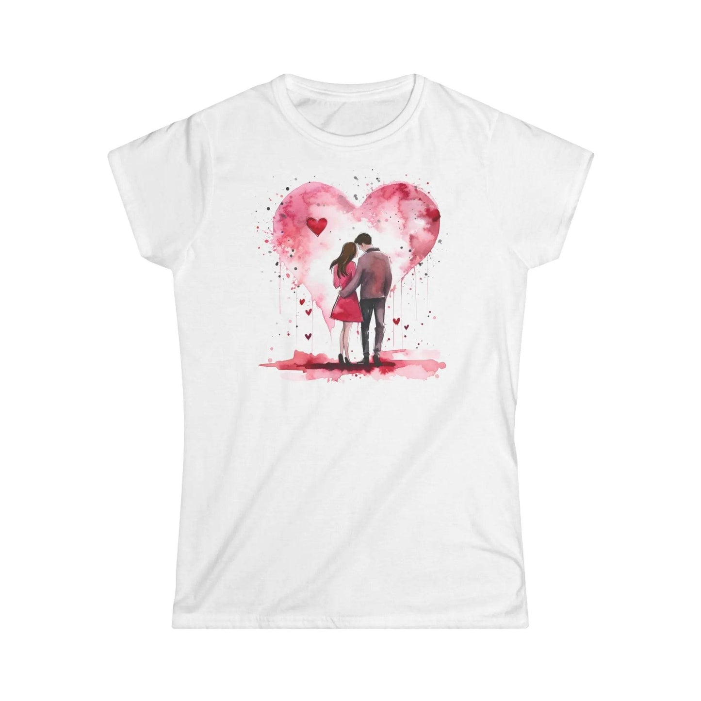 Tailliertes Damen Kurzarm T-Shirt mit Aufdruck - Paar vor großem Herz am Valentinstag - 100% Baumwolle - 153 g/m² - auch in großen Größen - in vielen Farben - White