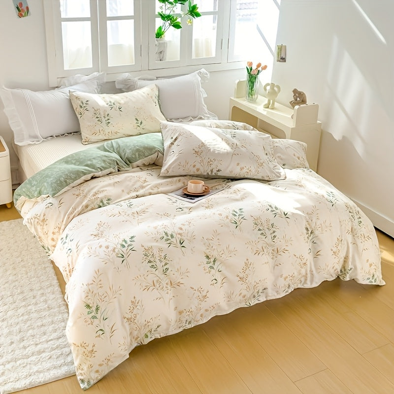 3-teiliges Bettwäsche-Set mit Blumen und Blättern in Salbeigrün, Goldgelb/Beige - 2 Polster und 1 Tuchent (jeweils ohne Füllung) - Bettwäsche-Set „Salbei Traum“ – Gewebtes Polyester mit tollem Griff wie Satin - mit Reißverschluss