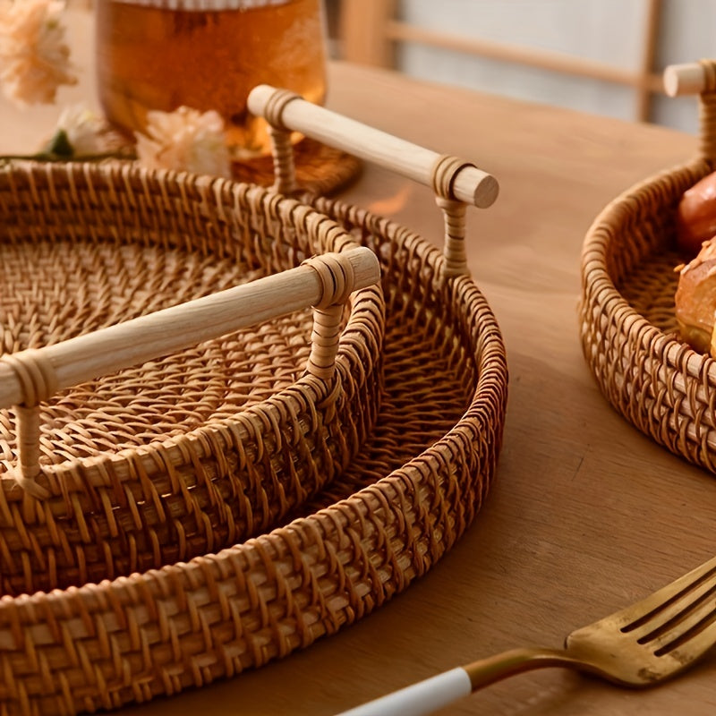 Handgefertigtes Rattan-Tablett ab 22cm in drei Größen – Rundes Doppelohriges Tablett mit geölter Oberfläche - Naturkreis