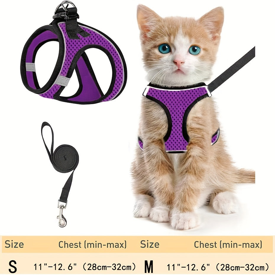 Katzen-Geschirr mit Leine zum Spazierengehen - Reflektierendes, verstellbares Kätzchenwesten-Geschirr - Dunkles Violett
