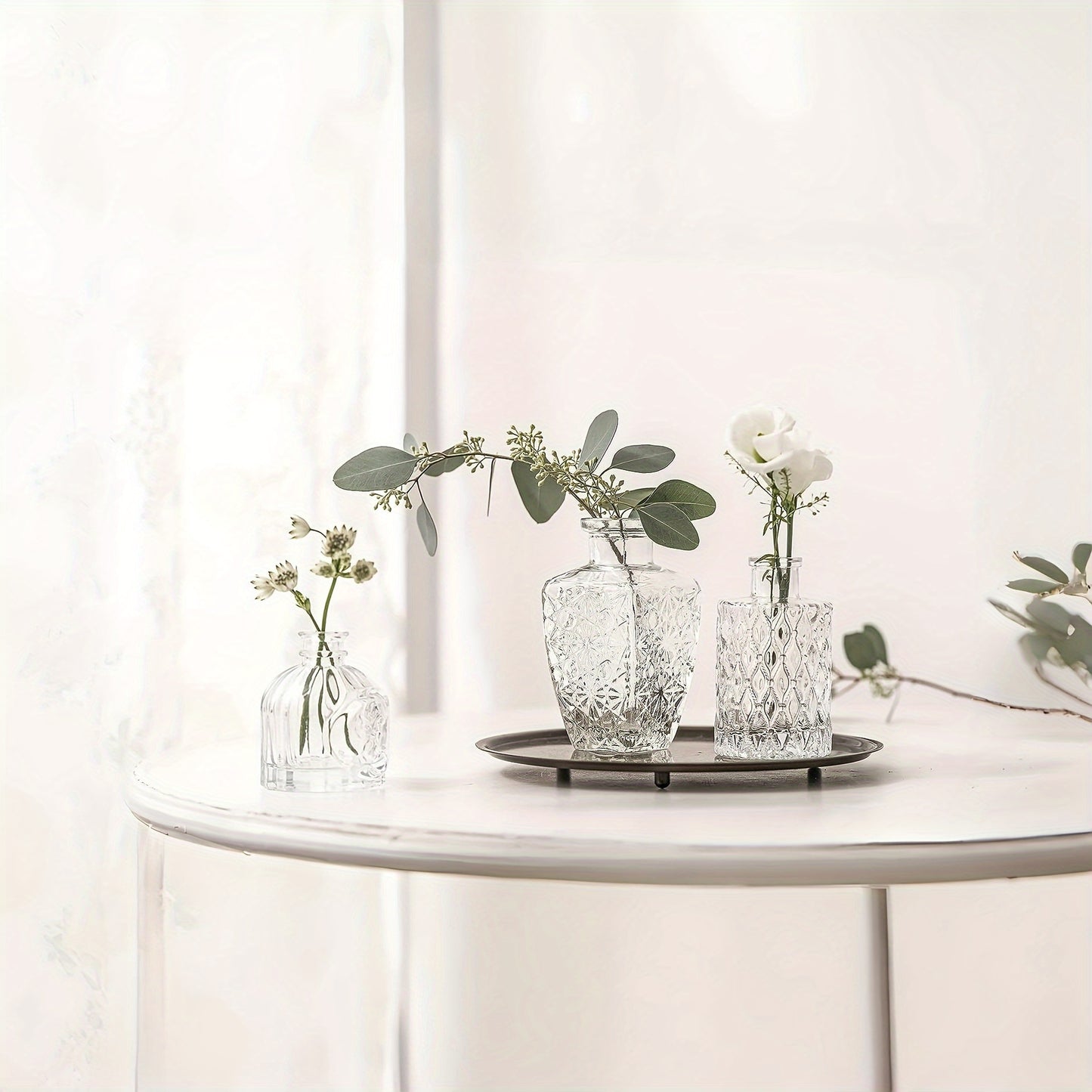 10er-Set Mini-Knospenvasen „Boho Glimmer“ – Kleine Glasvasen in Transparent, Blau, Grün & Bernstein, Längliche Form für Hochzeit & Tischdekoration