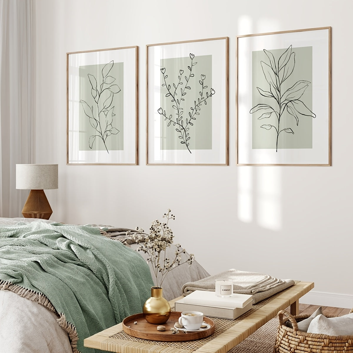 3er-Set Boho Poster mit Blumen auf salbei -Leinwanddruck „Sage Harmony“ – rahmenlose Leinwandkunst mit floralen Linienzeichnungen in Salbeigrün & Weiß
