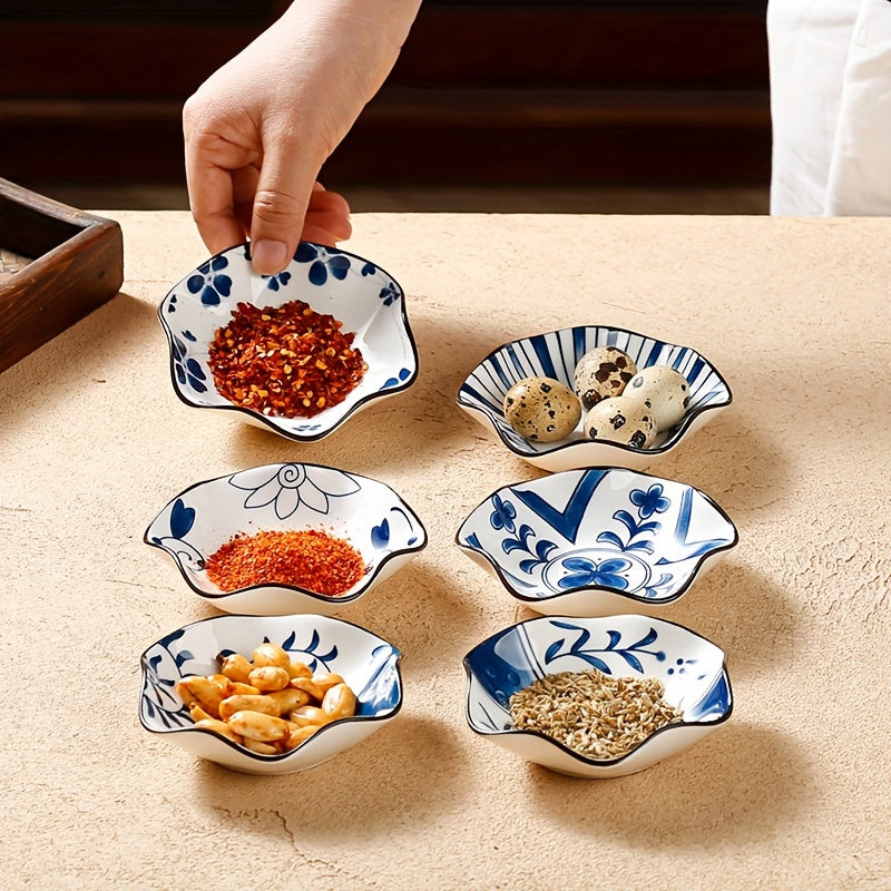 6-teiliges Pflaumenblüten-Keramik-Saucenschalen-Set – Sechseckige Gewürzteller aus Porzellan, Ø 10,5 cm, Blau-weiß im traditionellen Design