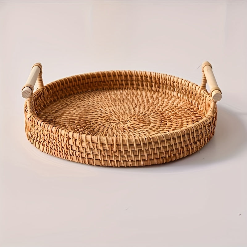 Handgefertigtes Rattan-Tablett ab 22cm in drei Größen – Rundes Doppelohriges Tablett mit geölter Oberfläche - Naturkreis