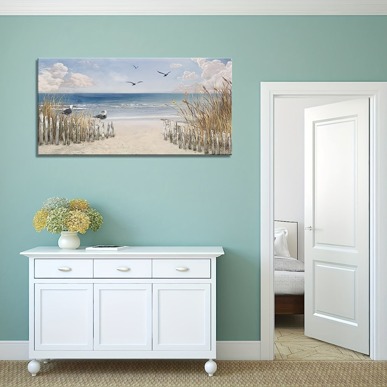 Maritimes, rahmenloses Sandstrand Leinwandposter mit ruhiger Meereslandschaft mit Dünen, Möwen & Himmel in Blau, Weiß und Beige - ohne Rahmen