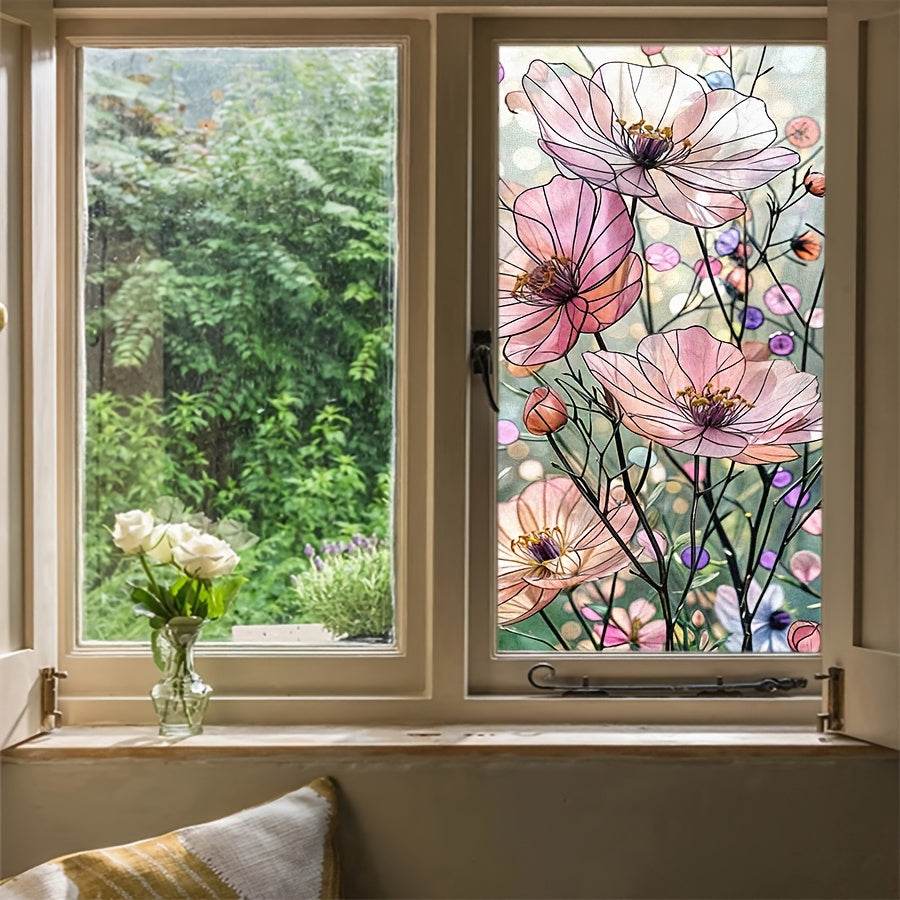 happy-prints.eu - 1 Stück Vintage Blumenfensterfolie – bunte PVC-Sichtschutzfolie mit statischer Haftung für stilvolle Dekoration