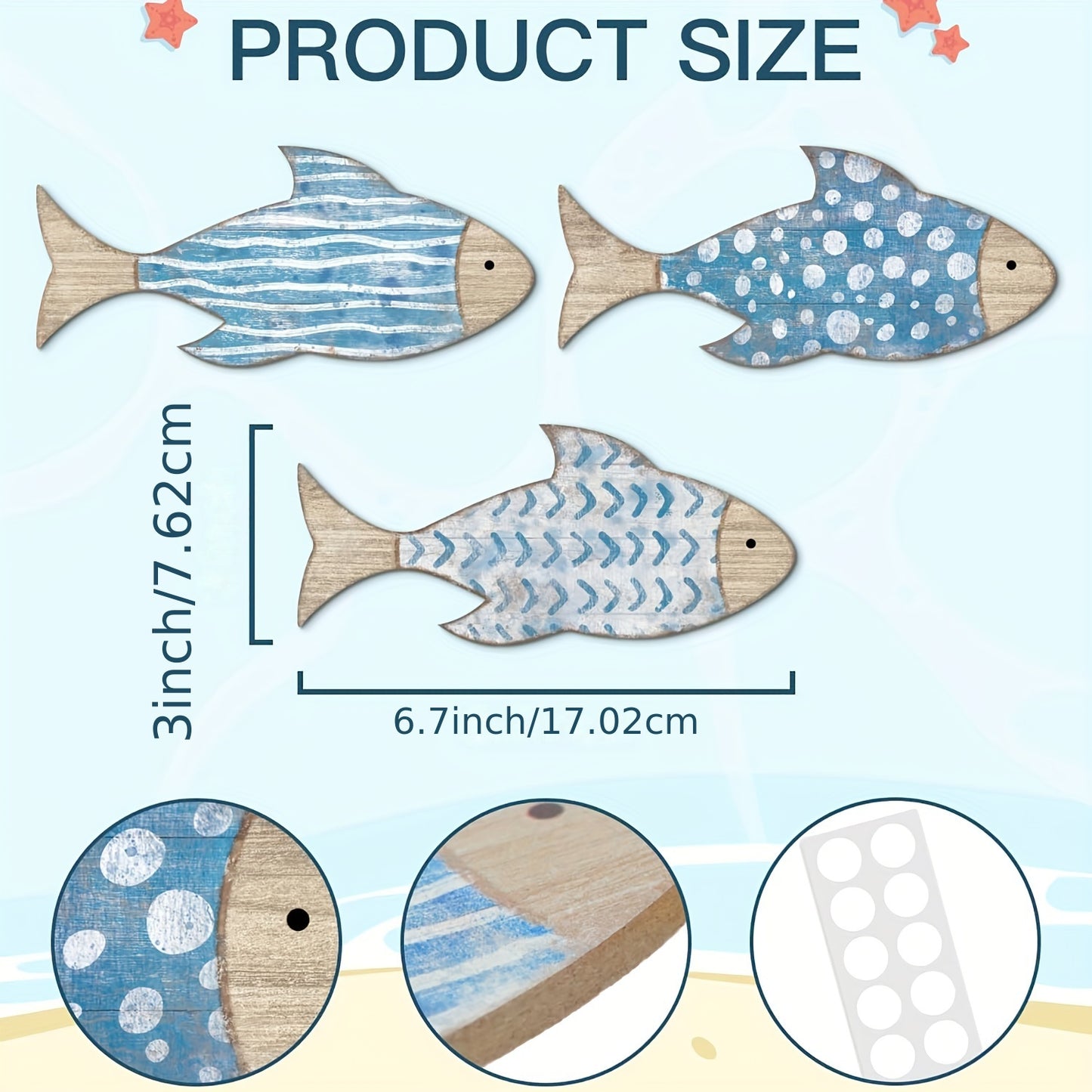 3er-Set handbemalte Holzfisch Wanddekoration (17cm groß) – Maritime Strand-Deko in Blau und Weiß für Badezimmer, Wohnzimmer & Deko-Fischernetz