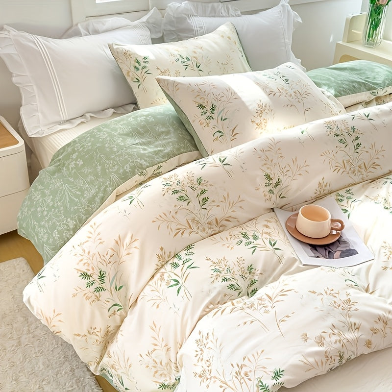 3-teiliges Bettwäsche-Set mit Blumen und Blättern in Salbeigrün, Goldgelb/Beige - 2 Polster und 1 Tuchent (jeweils ohne Füllung) - Bettwäsche-Set „Salbei Traum“ – Gewebtes Polyester mit tollem Griff wie Satin - mit Reißverschluss