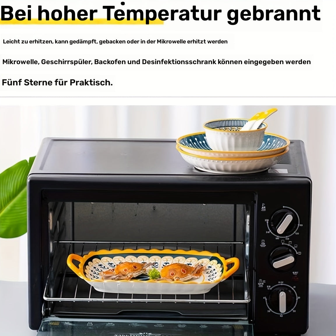 2er-Set Rechteckige Keramikteller in Blau, Gelb und Weiß – Servierteller mit Griffen, Sommerliches Blumen- & Geometrie-Design - 2 Designs