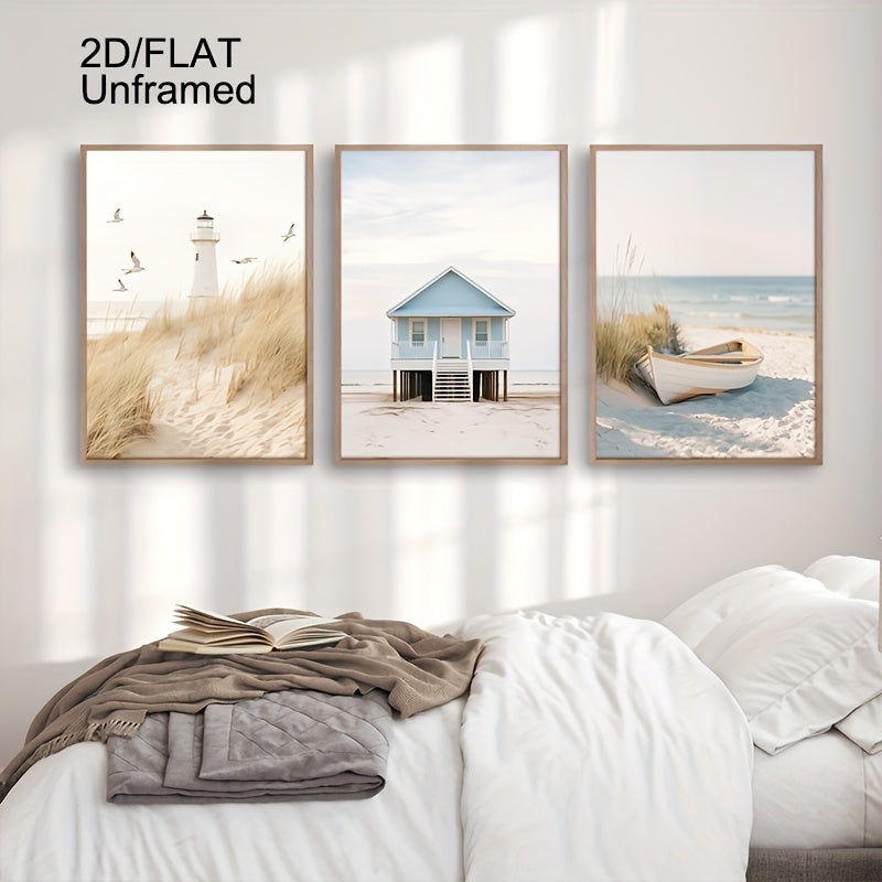 3er-Set Leinwand-Posterdruck für maritime Sommerträume – Rahmenloser Posterdruck mit Leuchtturm, Strandhaus & Boot in sanften Farben