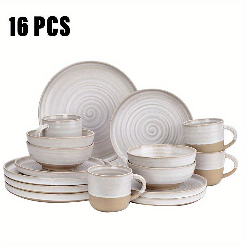 16-teiliges Boho Keramik Geschirr Set - Bohemian Keramik in beige - Boho Style für Deinen Tisch für 4 Personen, sandfarbene Töne für ein tolles mediteranes Essen