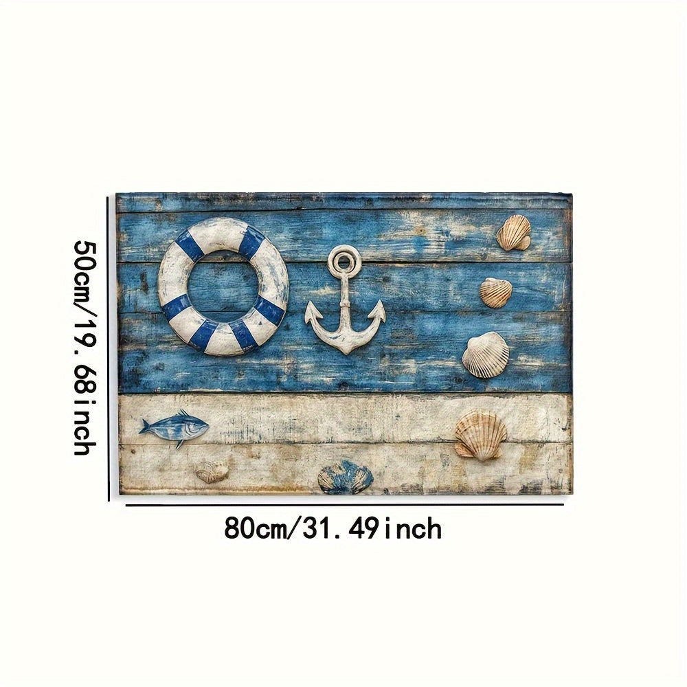 Rechteckige maritime Fußmatte in Blau-Beige mit Anker, Muscheln, Rettungsring und Fische auf Holz-Optik – Flauschiger Teppich mit nautischen Motiven, maschinenwaschbar & strapazierfähig