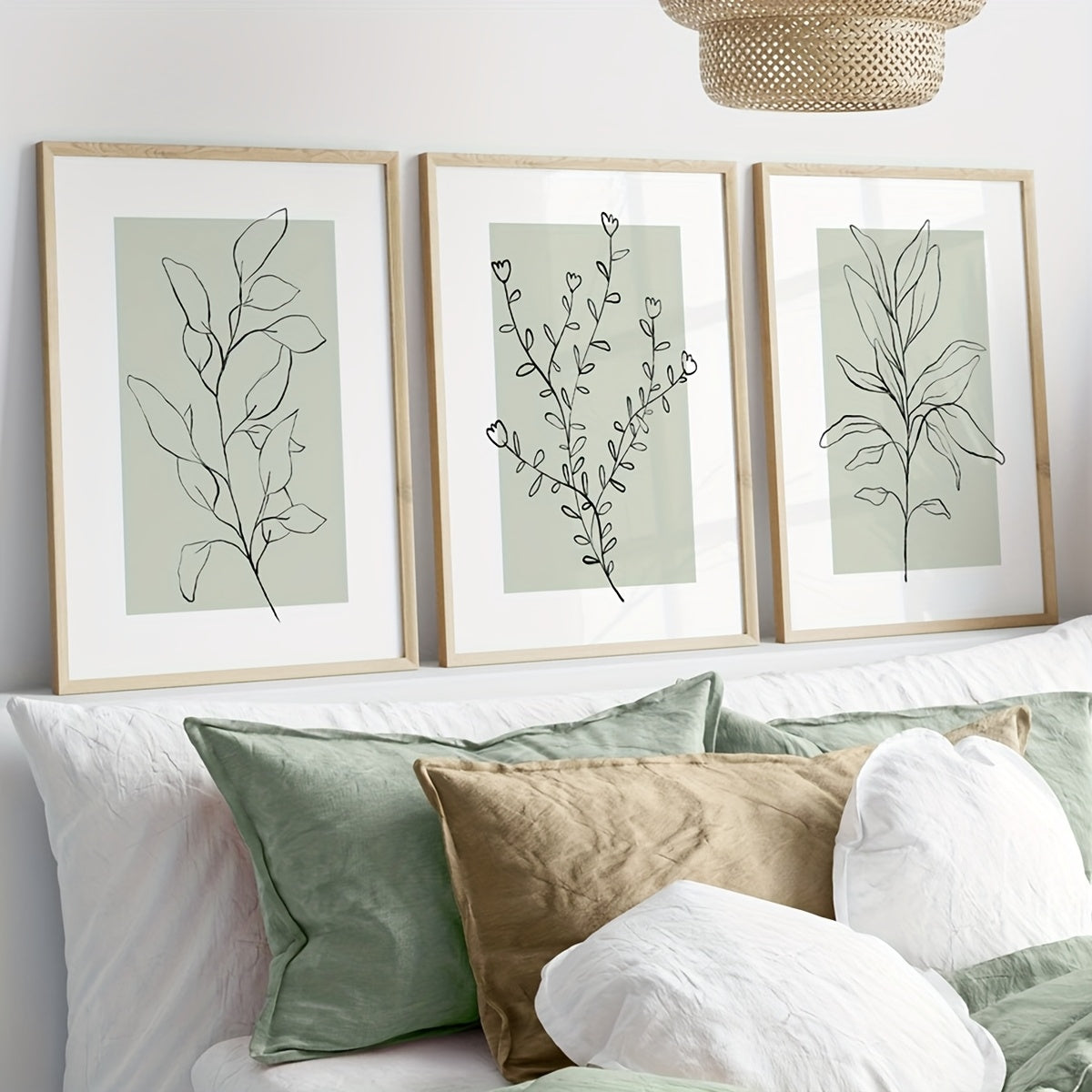 3er-Set Boho Poster mit Blumen auf salbei -Leinwanddruck „Sage Harmony“ – rahmenlose Leinwandkunst mit floralen Linienzeichnungen in Salbeigrün & Weiß