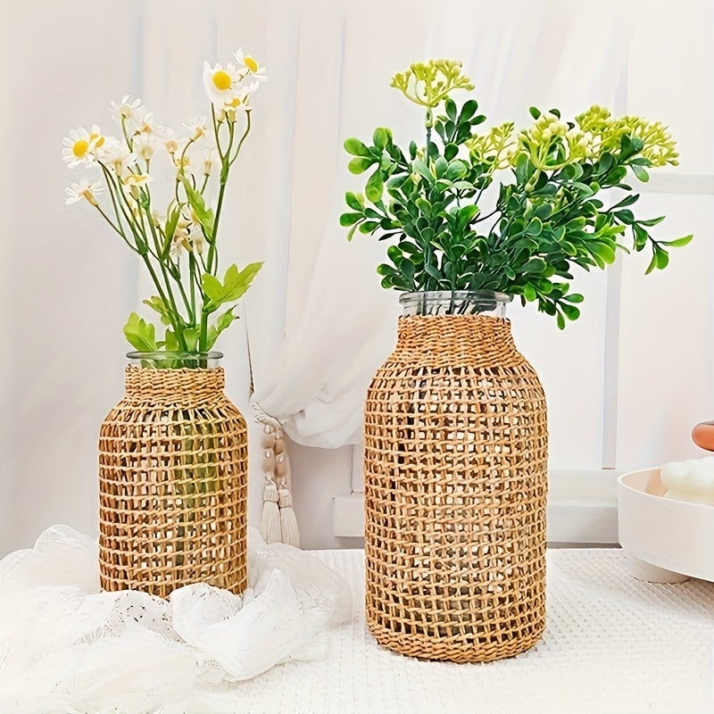 Bezaubernde dekorative Boho Blumenknospen-Vase im Rattan-Netz-Mantel in beige, 16 cm oder 20 cm hoch
