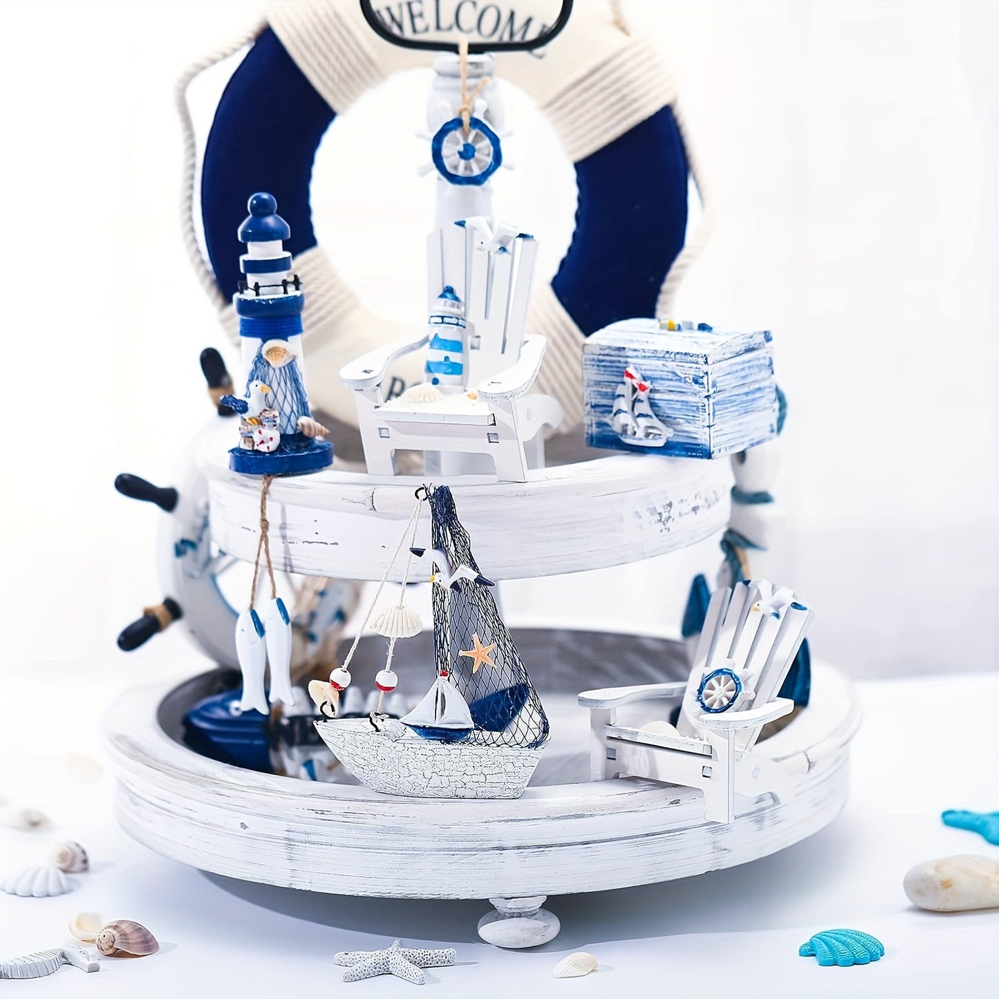 7-er Set mit süße maritime Holzfiguren wie Schiff, Leuchtturm, Rettungsring, Holzstuhl, Kiste und Fische in Blau & Weiß - bis 14,5cm Höhe