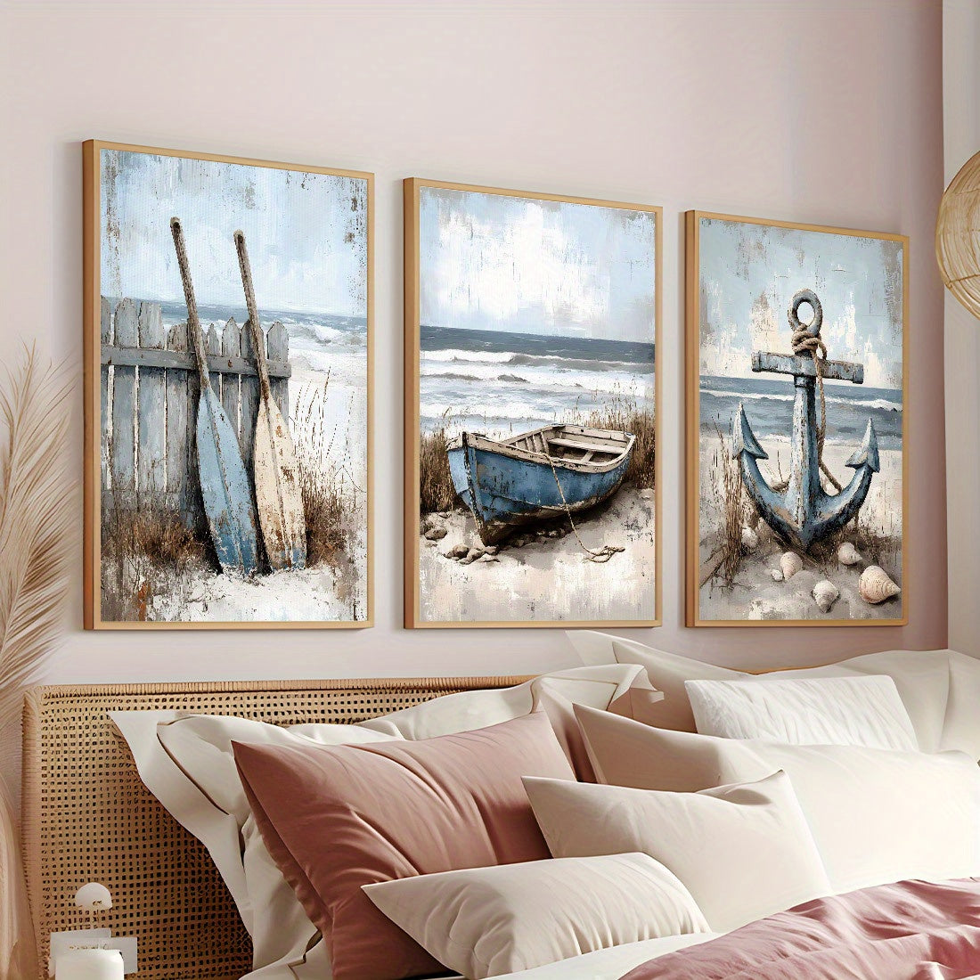 Maritimes 3er-Set mit sommerliche Leinwanddrucke – stilvolle Poster mit Boot, Ruder und Anker vor dem Meer - ohne Rahmen in vier Größen
