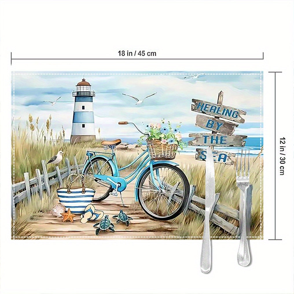 4er-Set Leinen-Tischmatten mit Strand, Leuchtturm und Vintage-Fahrrad - perfekt für den Sommer -