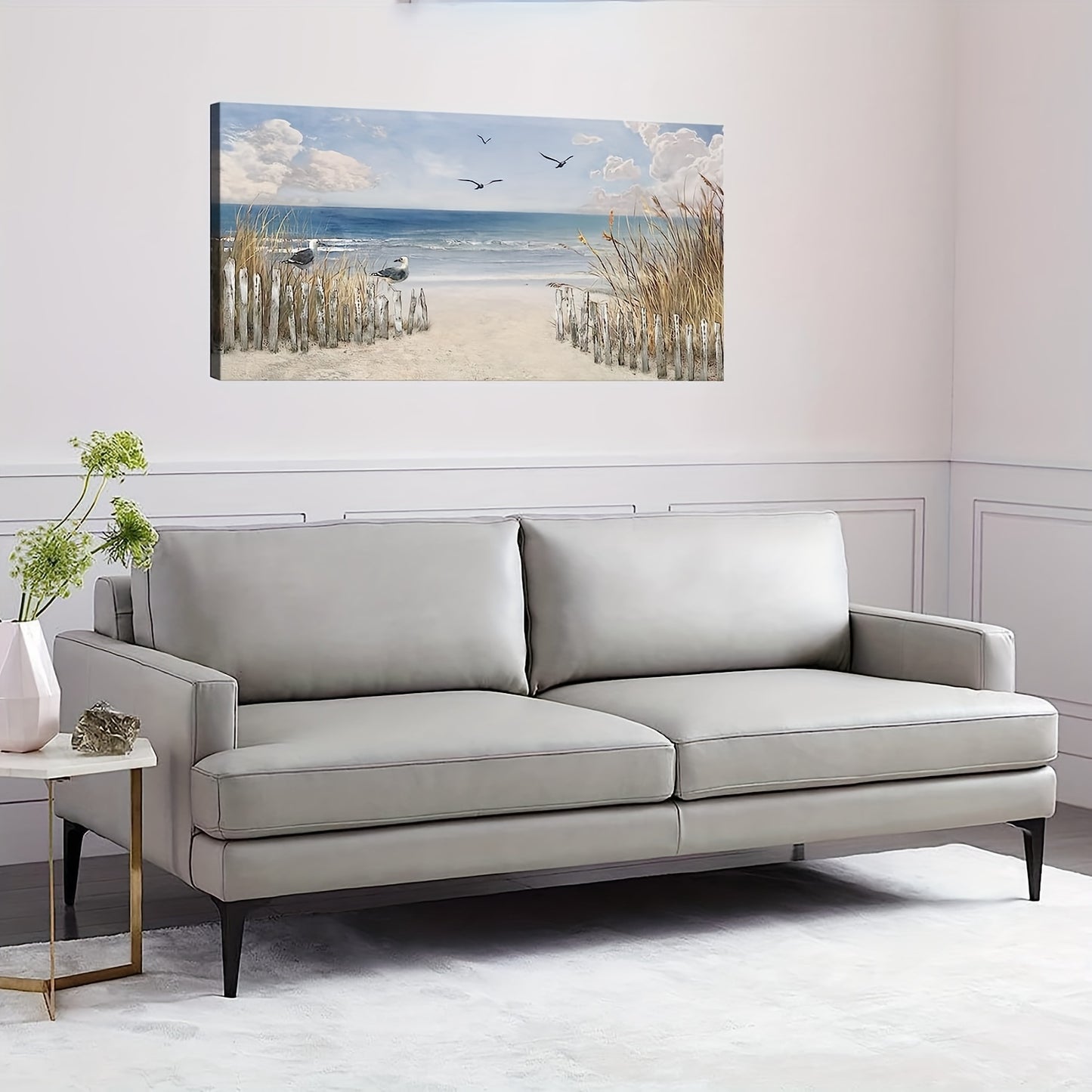 Maritimes, rahmenloses Sandstrand Leinwandposter mit ruhiger Meereslandschaft mit Dünen, Möwen & Himmel in Blau, Weiß und Beige - ohne Rahmen