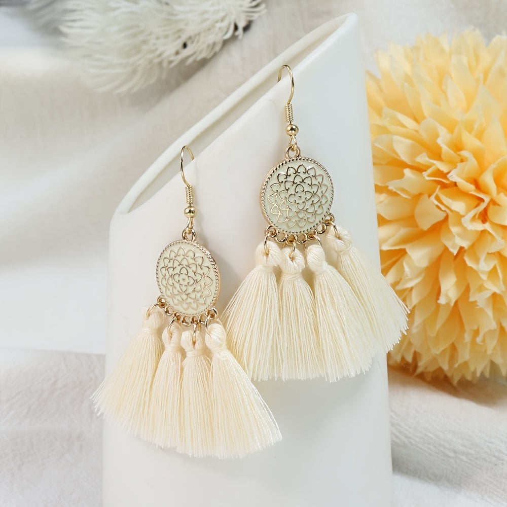 3er-Set Geometrische Damen Tassel-Ohrringe – Boho-Vintage Stil in Gold & Beige, KC Vergoldet, Hängende Statement-Pieces für Alltag & Events